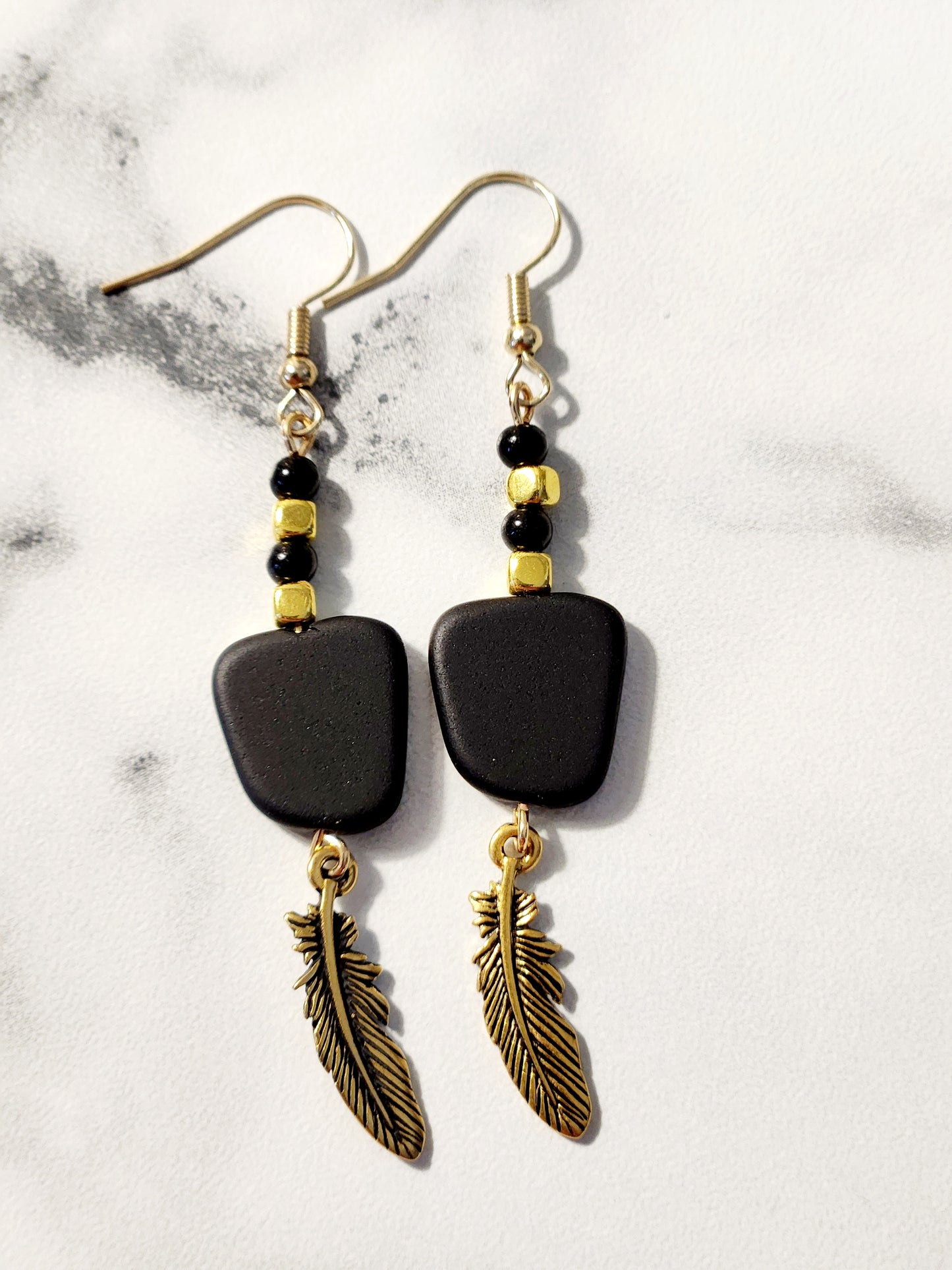 Black & Gold Sea glass Feather earrings