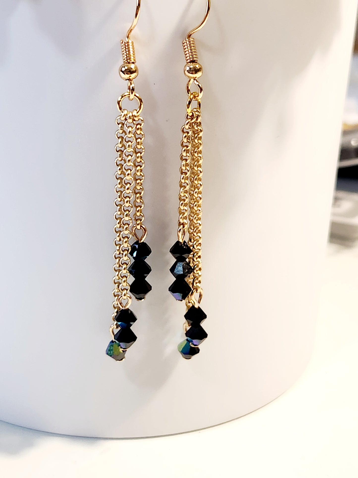 Black glass gold chain earrings
