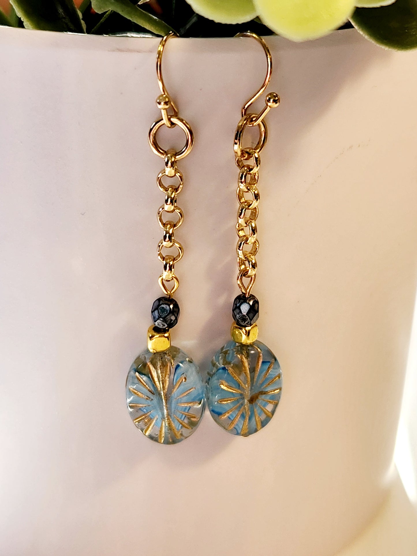 Blue Czech chain earrings