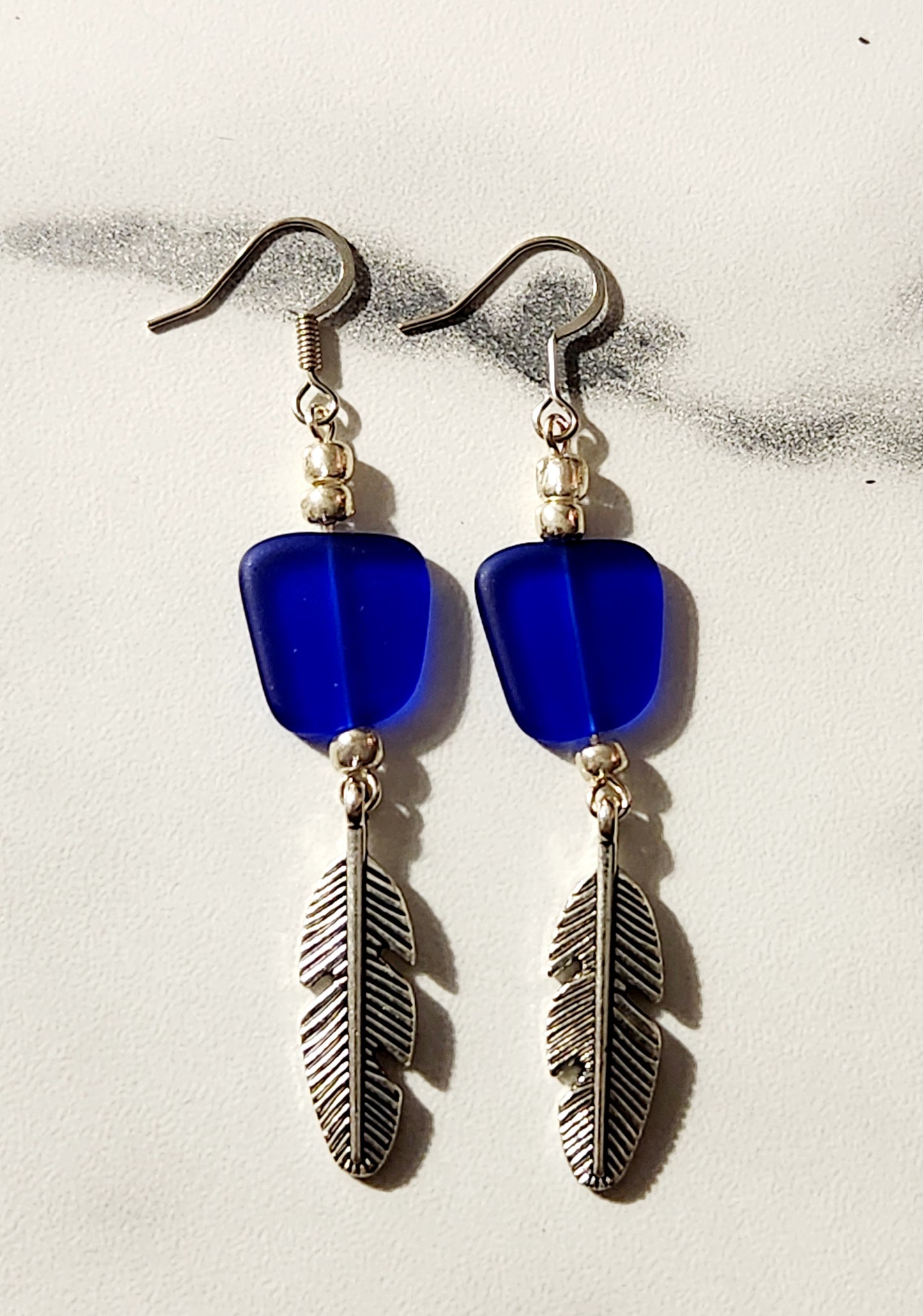 Royal Blue Sea Glass silver feather earrings