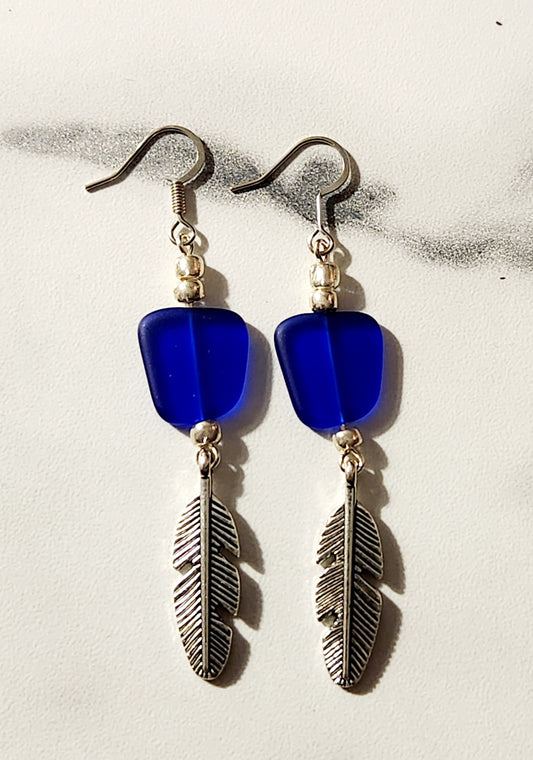 Royal Blue Sea Glass silver feather earrings