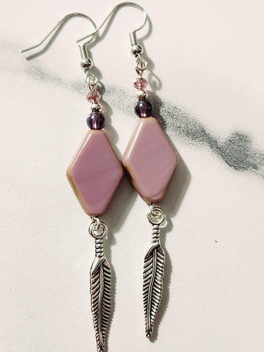 Purple Czech glass feather earrings