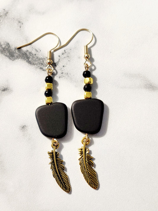 Black & Gold Sea glass Feather earrings