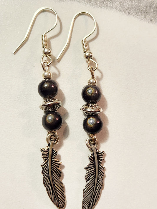 Silver & Miracle Gray feather earrings