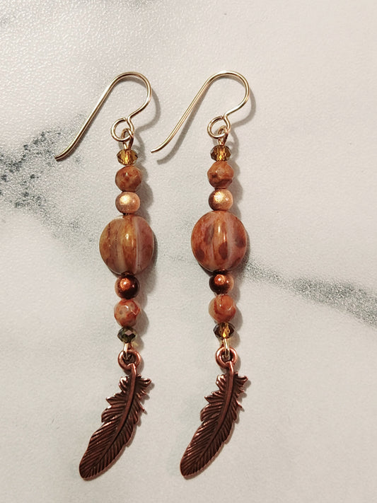 Antique copper feather earrings