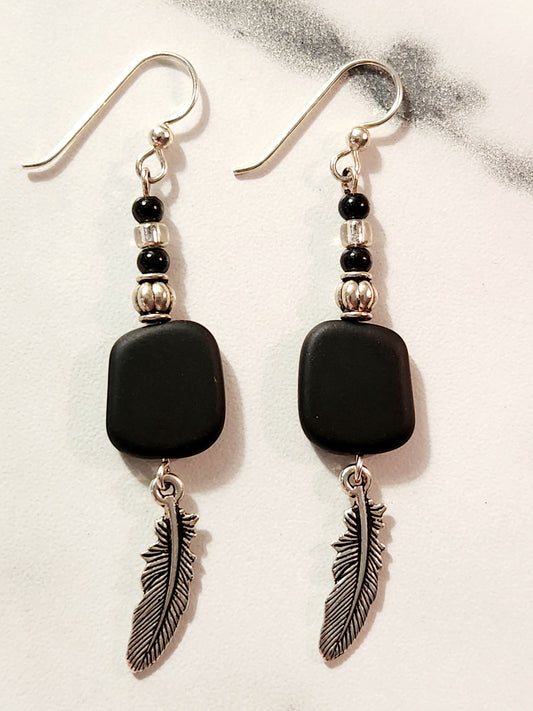 Black & Silver Sea glass feather earrings