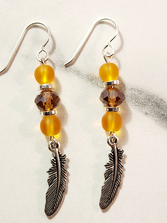 Yellow sea glass leaf earrings