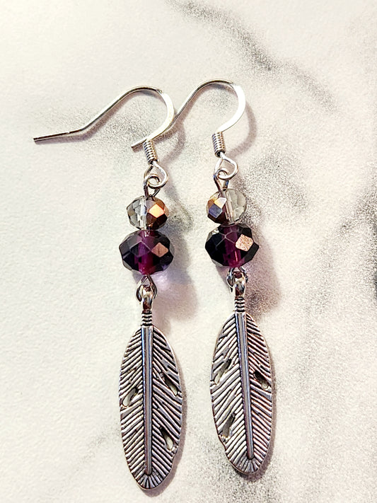 Plum feather earrings