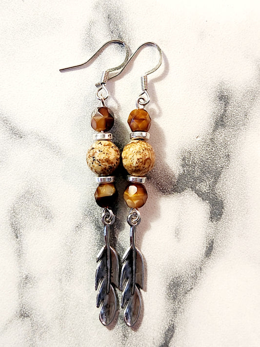 Tigers eye feather earrings