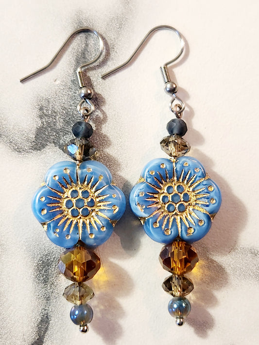 Blue flower mixed glass earrings