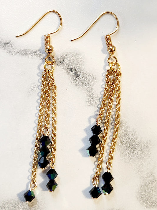 Black glass gold chain earrings