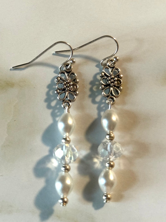 White and crystal flower earrings