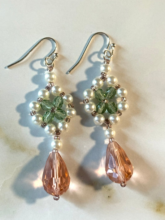 Green and amber pearl beaded earrings