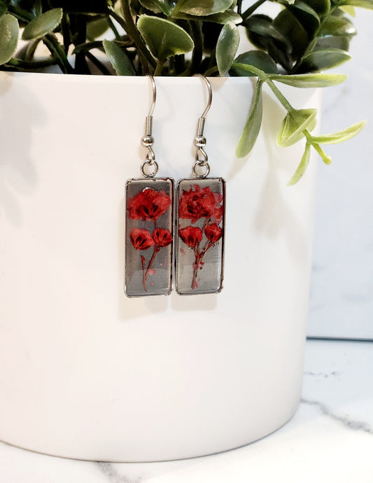 Rectangle red flower earrings