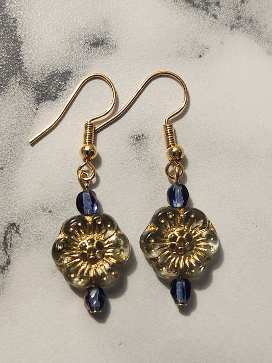 Gold & Blue flower petal earrings